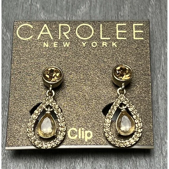 CAROLEE NEW YORK Gold Tone Champagne Crystal Dangle Clip-On Earrings Fashion - Picture 2 of 7